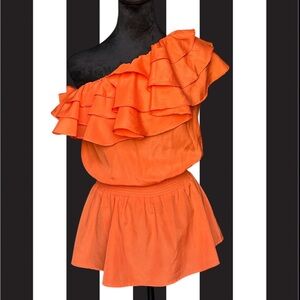 One Shoulder Ruffle Rust Peplum Top Smocked Waist Boho Party Festive Vacation